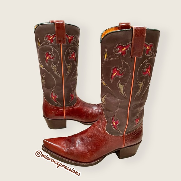 1970s VINTAGE Frye Prairie Flower Boho Brown Real Leather Western Cowboy Boots - Picture 15 of 15